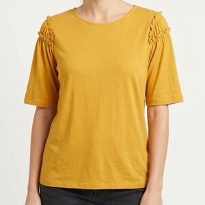 After Market Women's Size Medium Mustard Ruffle Shoulder Stretch Blouse Tops NWT